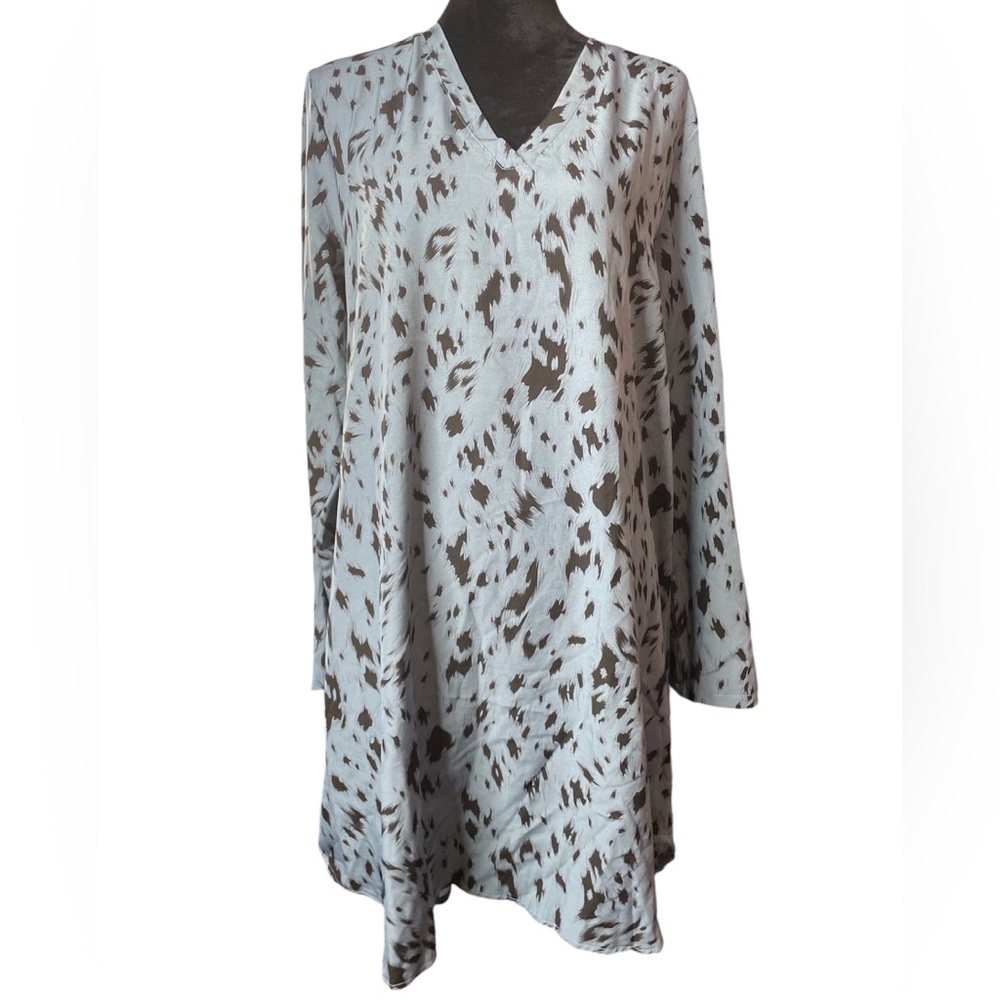 Shein Blue Leopard Print Long Sleeve V Neck MIDI Dress